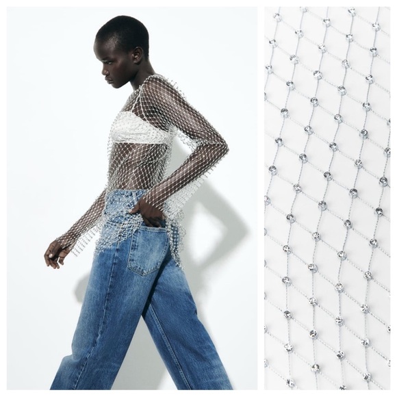 NWT. Zara Silver Semi-Sheer Mesh Rhinestone Midi Dress. Size M. - Picture 4 of 9